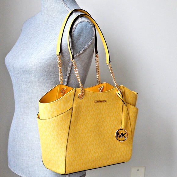 MICHAEL KORS Jet Set Travel Daisy Yellow Monogram LG Chain Shoulder Tote Bag NWT - Picture 2 of 13